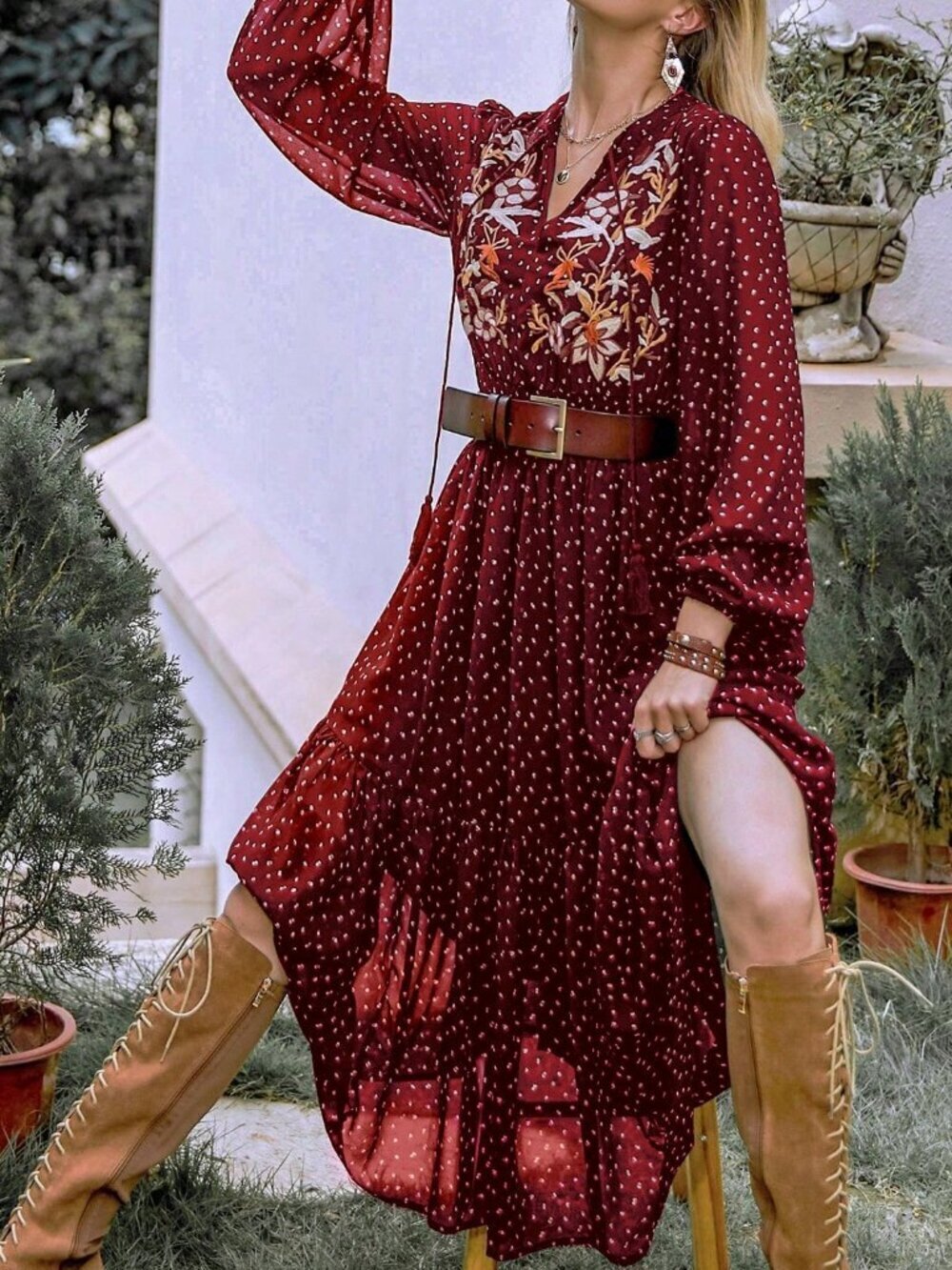 Burgundy Boho Beauty Women's   Polka Dot Dress
